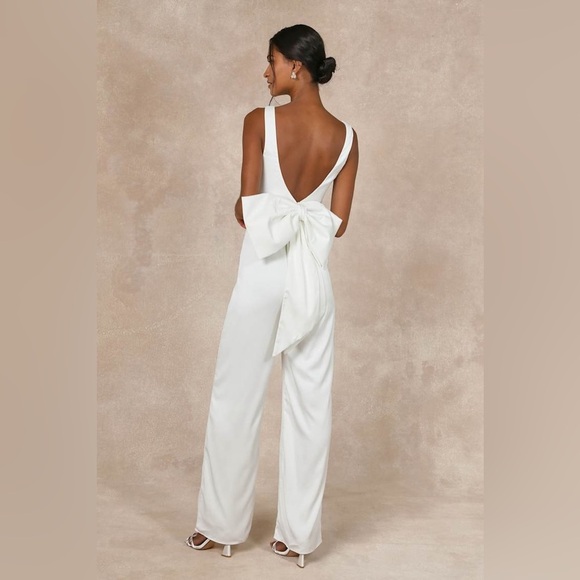 Size XL - Lulus Angelic Aesthetic‎ Ivory Satin Bow Back Sleeveless Jumpsuit - Picture 3 of 8